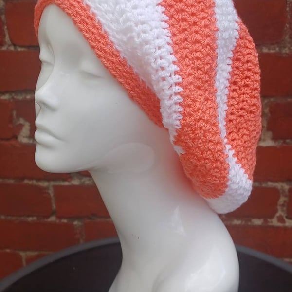 Crochet slouchy beret hat, orange white tam, baggy beanie, unisex beret