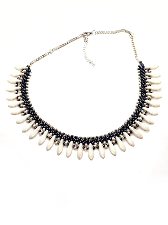Haematite and dagger bead Grey and white tribal beadwork collar necklace