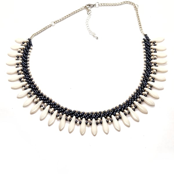 Haematite and dagger bead Grey and white tribal beadwork collar necklace
