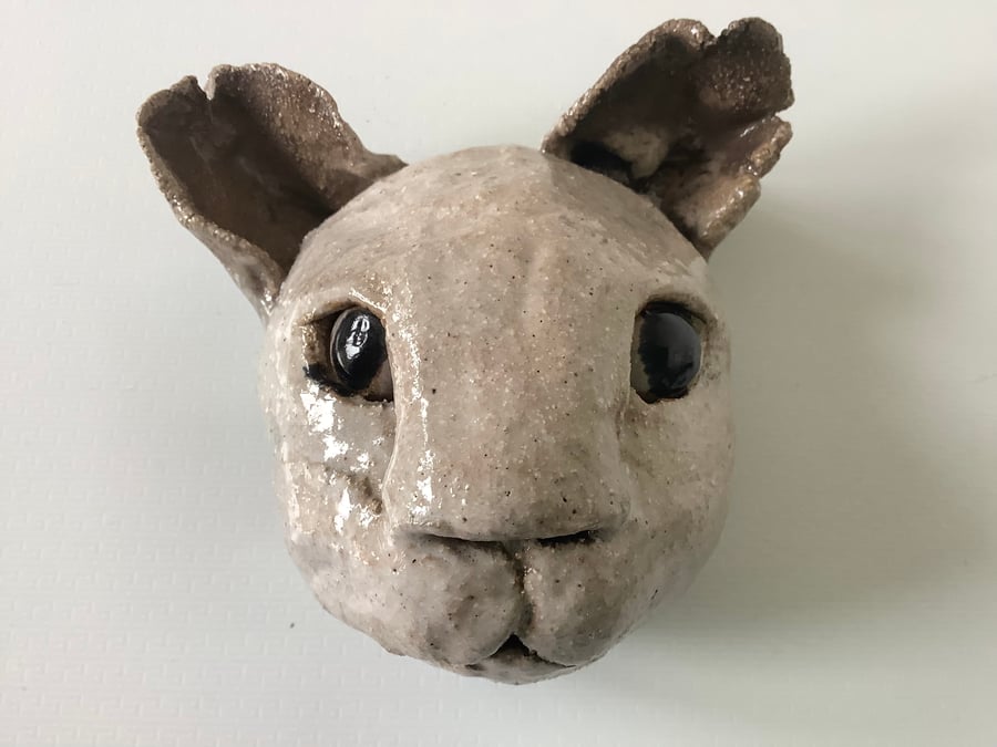 Raku fired cat head wall sculpture 