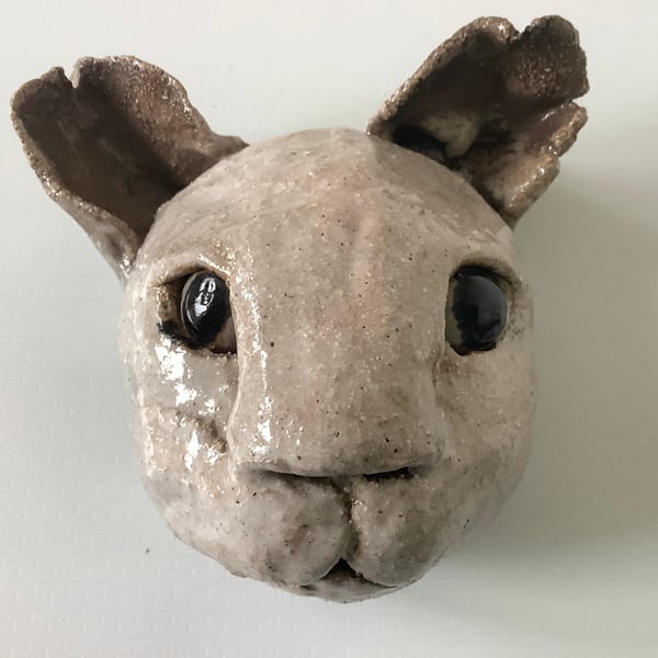 Raku fired cat head wall sculpture 