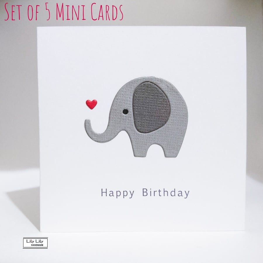 Set of 5 mini birthday cards, elephant design by Lily Lily Handmade