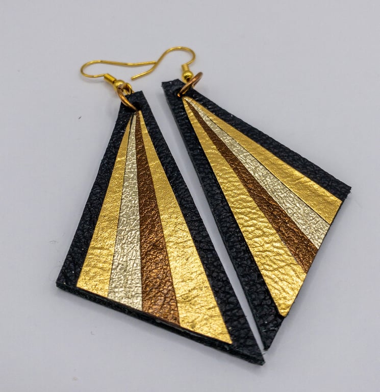Art Deco inspired Triangle leather earrings, metallic golds, and bronze earrings
