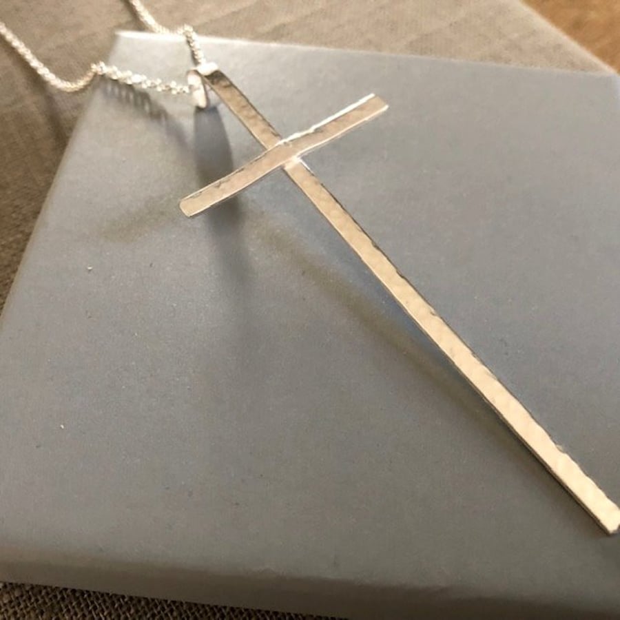 Large Sterling Silver Cross Necklace, Hammer Textured Cross Pendant