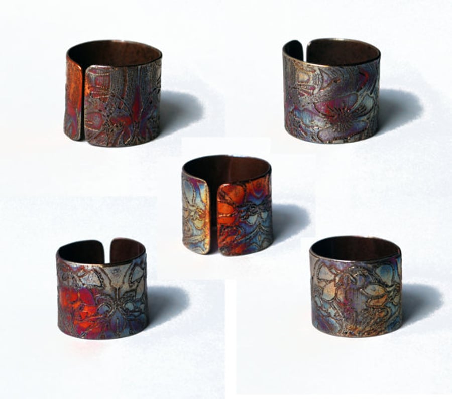Etched copper floral ring - adjustable size