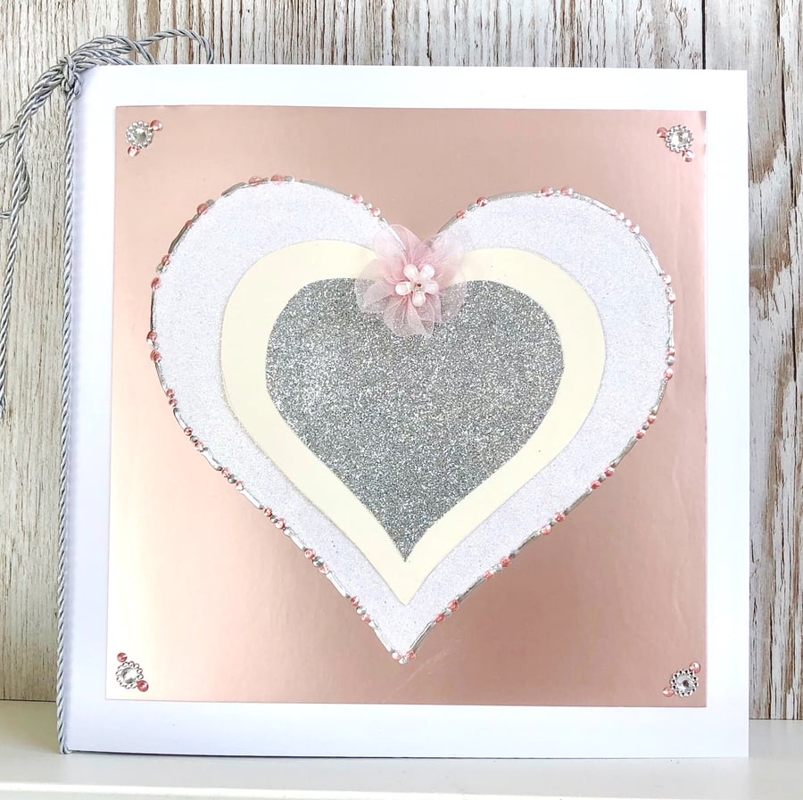 Birthday card - handmade heart birthday card pink flower Valentine’s Day card 