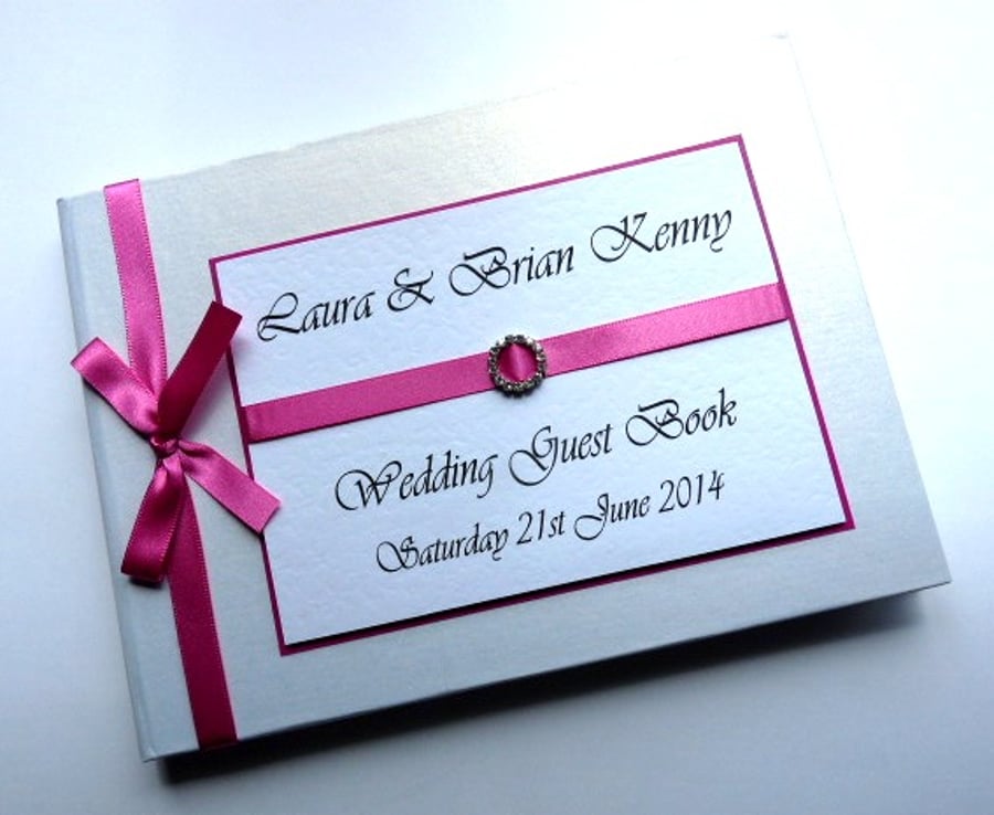 Wedding guest book with hot pink ribboon, wedding gift, wedding keepsake