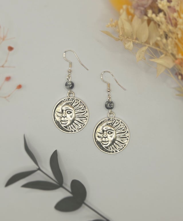 Handmade Large Sun and Moon Charm Earrings with Silver Black Splatter Beads
