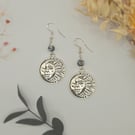 Handmade Large Sun and Moon Charm Earrings with Silver Black Splatter Beads
