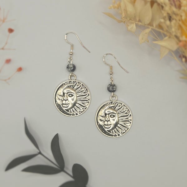 Handmade Large Sun and Moon Charm Earrings with Silver Black Splatter Beads