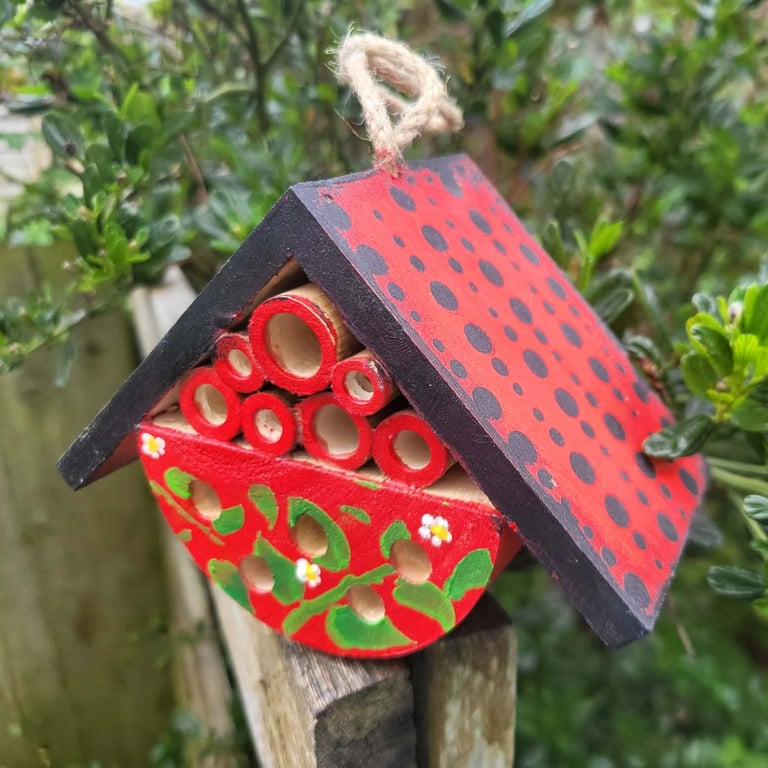 Tiny bee hotel,Ladybird House - Decoupage Garden Art & Insect Hotel