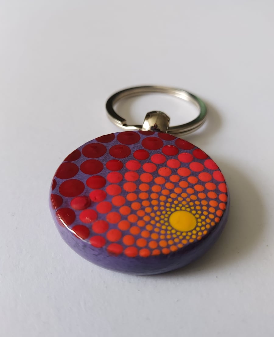 Wood Keyring With Hand Painted Dot Art