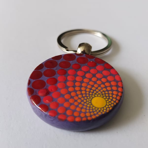 Wood Keyring With Hand Painted Dot Art
