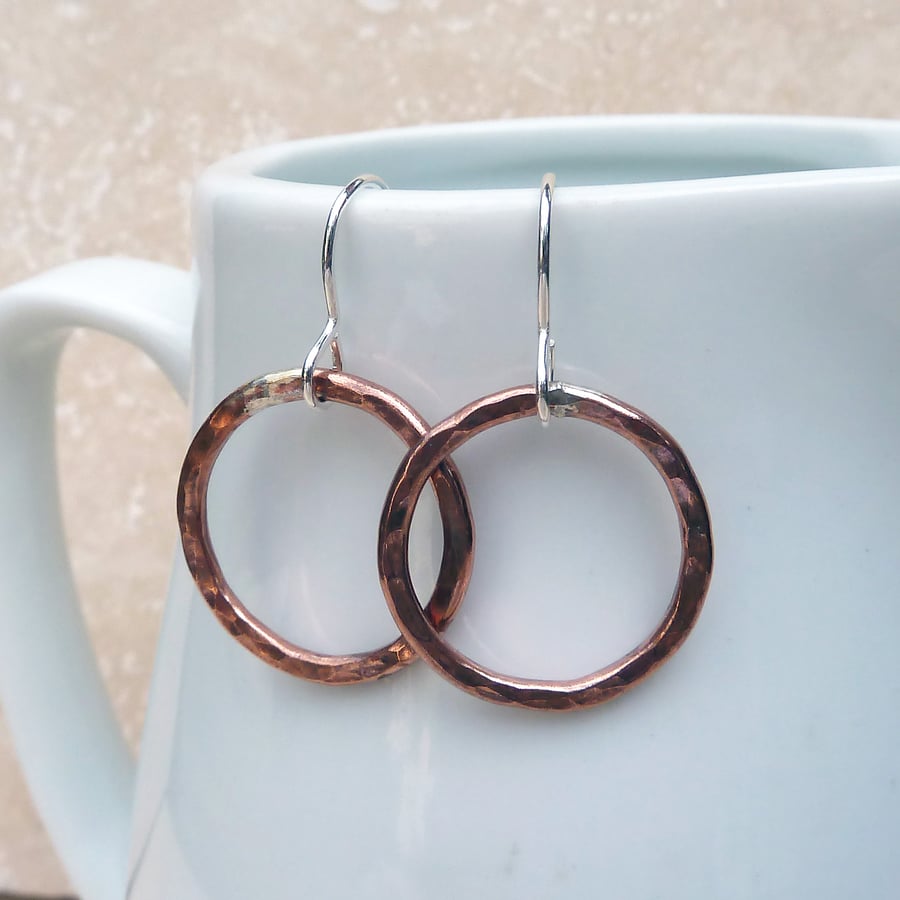 Copper and Sterling Silver Hammered Circle Ring Hoop Earrings - MET021