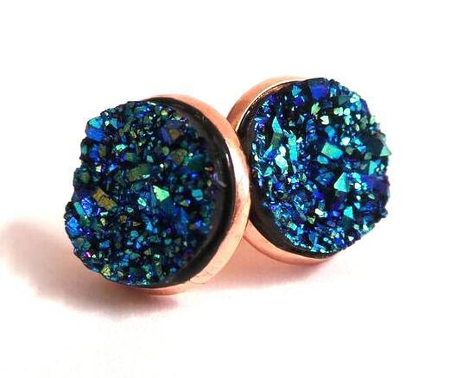 Rose Gold plated stud cabochon Earrings with resin druzy in 7 colours