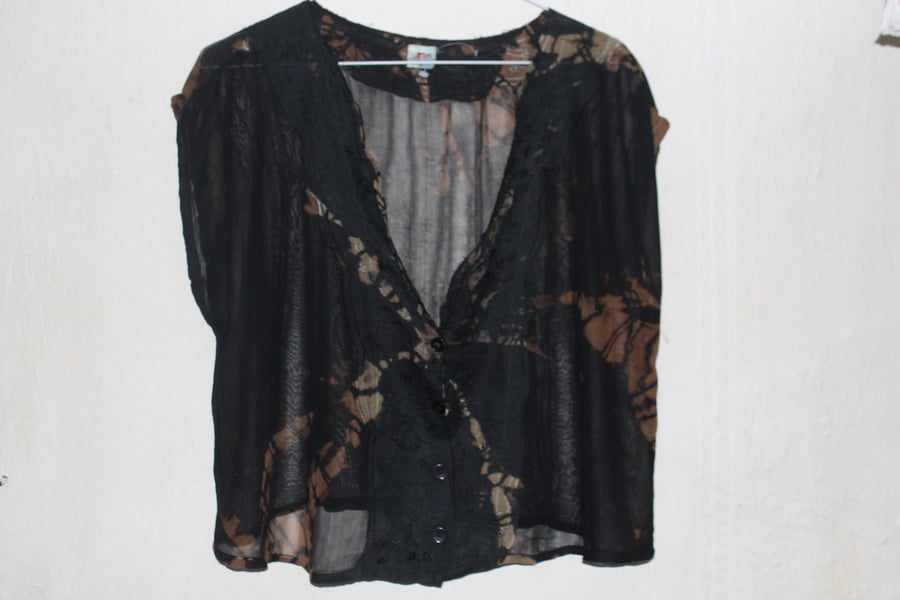 Crop chiffon blouse, Eco Ladies Vintage 90's reworked black and bronze tie dye,
