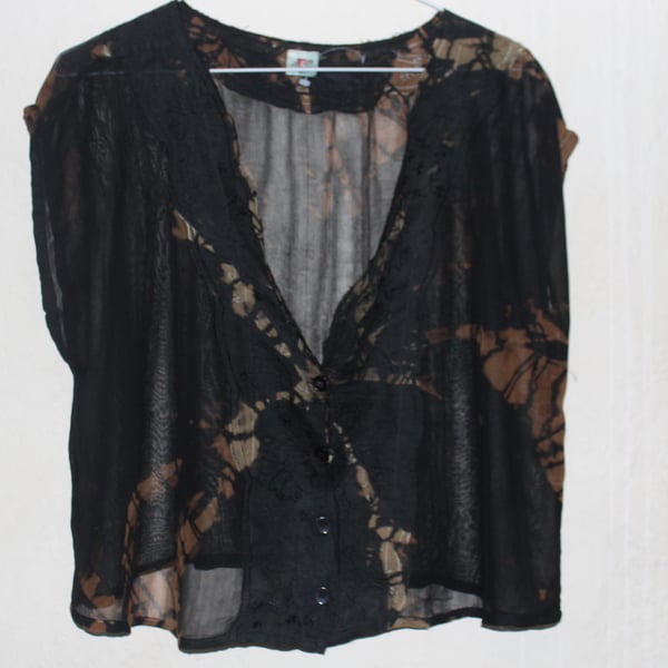 Crop chiffon blouse, Eco Ladies Vintage 90's reworked black and bronze tie dye,