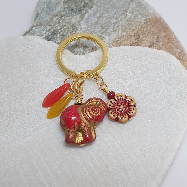 Floral boho beaded elephant keyring