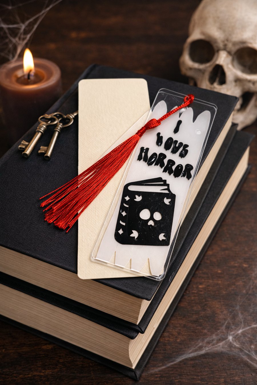 “I Love Horror” Acrylic Bookmark – Gothic Book Design with Red Tassel