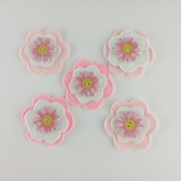 Felt Flowers - 5 Pink and White flower embellishments