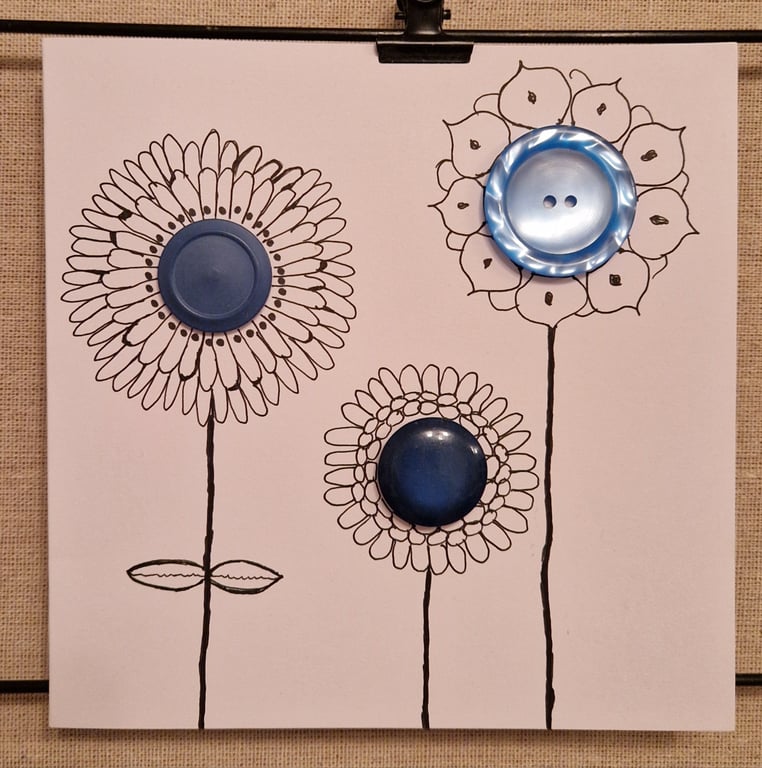 Handmade card with 3 blue flowers using big buttons & hand drawn petals stems