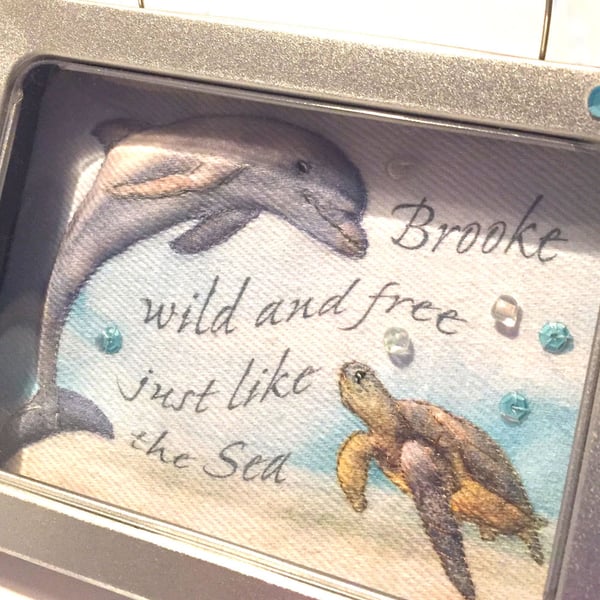 (reserved) dolphin, sea turtle picture, framed in a tin