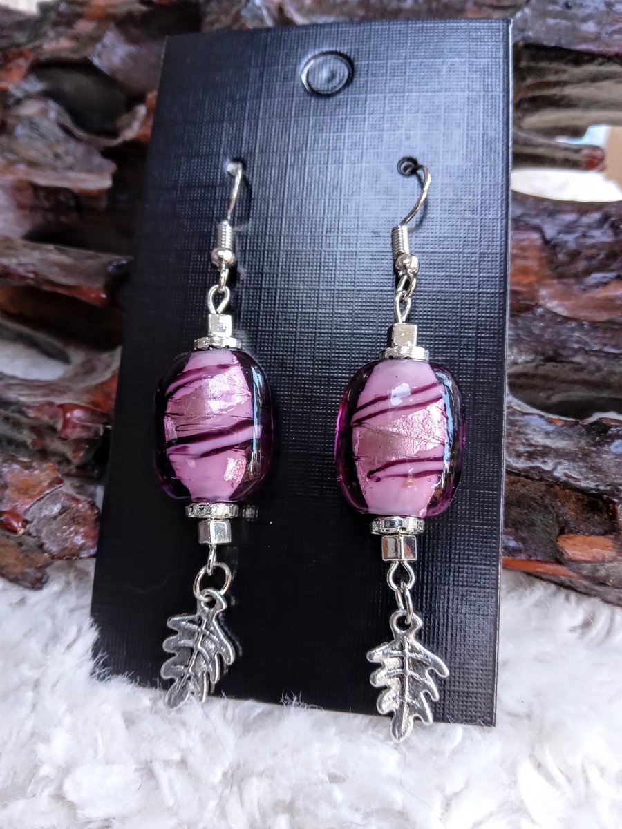 Pink foiled lampwork glass Tibetan silver OAK LEAF charm EARRINGS