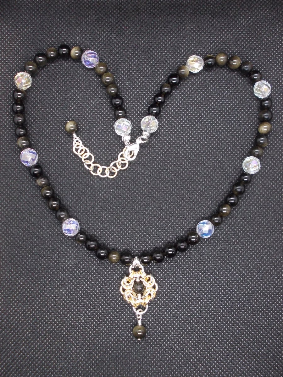 SALE - Golden obsidian and rainbow coated quartz choker with chainmaille pendant