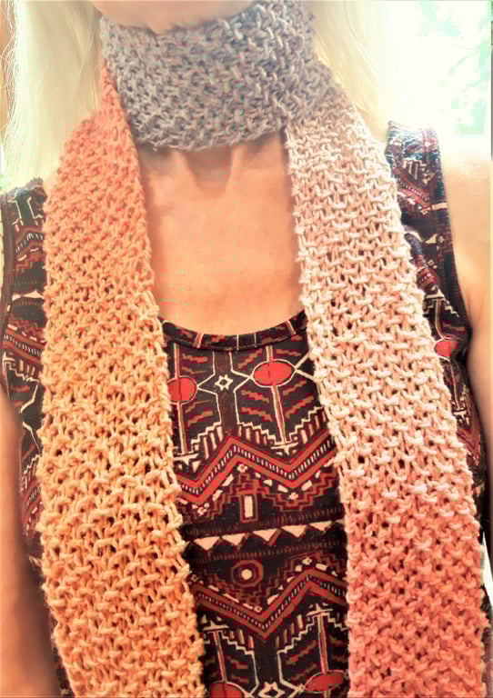 Silk and Cotton Mix Scarf, Skinny Ombre Multi Colours, Hand Kintted