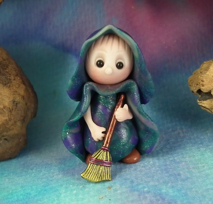 Tiny Garden Gnome 'Trey' with broom OOAK Sculpt by Ann Galvin