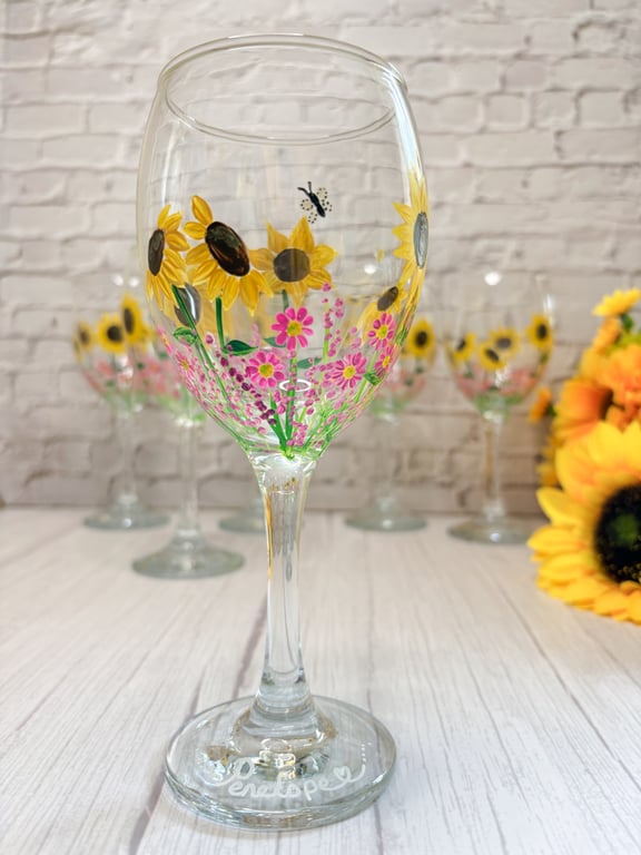 Wine Glass Hand Painted With Sunflowers 