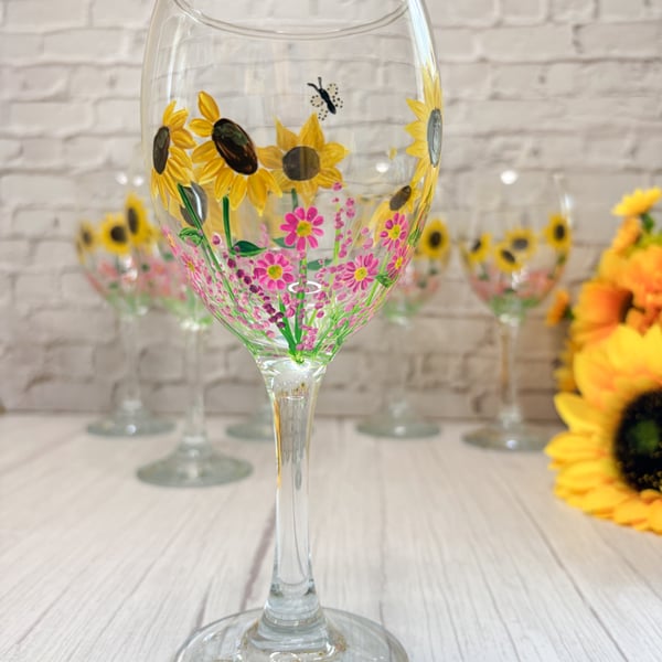 Wine Glass Hand Painted With Sunflowers 