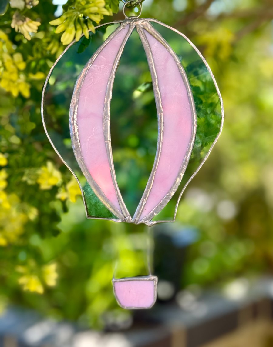 Stained Glass Hot-Air Balloon Suncatcher in pink and green