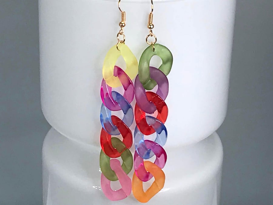 frosted acrylic chain earrings gift for her rainbow multicoloured gold plated 