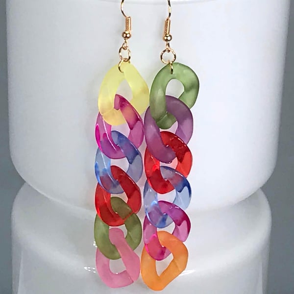 frosted acrylic chain earrings gift for her rainbow multicoloured gold plated 