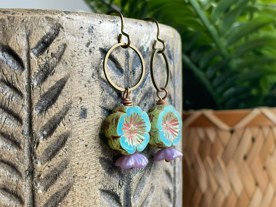 Rustic Flower Bead Earrings in Seafoam Green & Lavender Purple - Nature Inspired