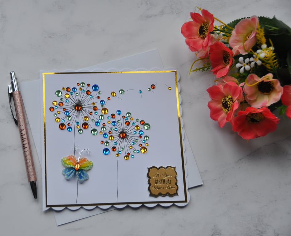 Birthday Card It's Your Birthday Make A Wish Dandelions Butterfly Gems