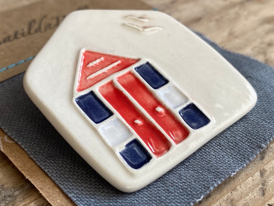 Brooch handmade ceramic Beach Hut Red and Blue