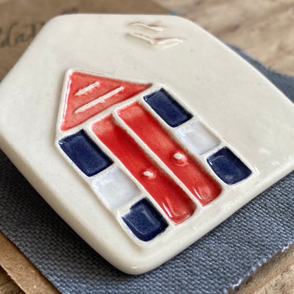 Brooch handmade ceramic Beach Hut Red and Blue