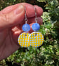 Hand-painted yellow and blue check polymer clay and sterling silver earrings  - Image 2