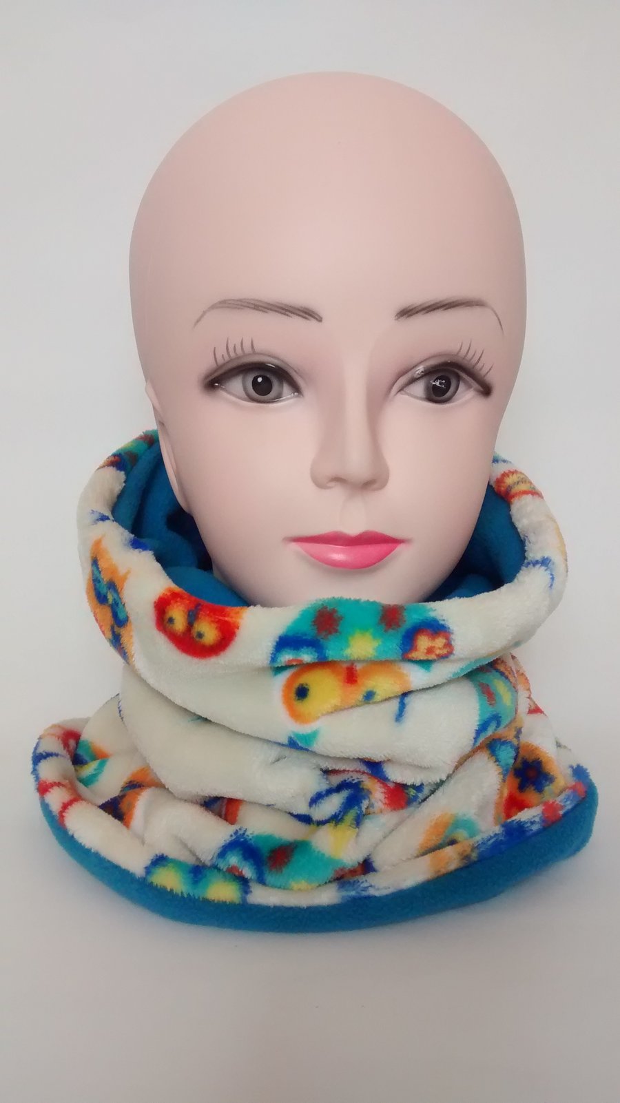 ADULT OWL,TURQUOISE TUBE NECK WARMER SCARF THERMAL DOUBLE LAYERED FLEECE