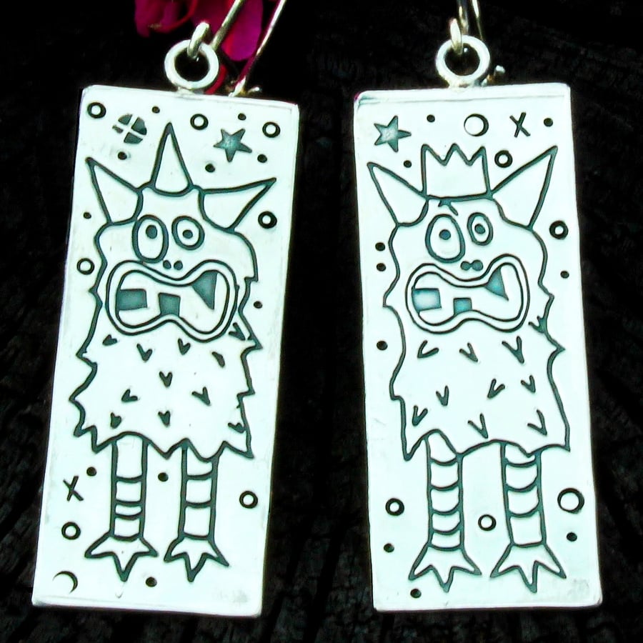Handmade Monster earrings, artist designed sterling silver earrings. Halloween