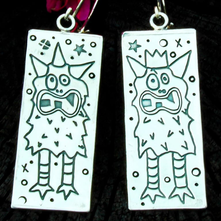 Handmade Monster earrings, artist designed sterling silver earrings. Halloween