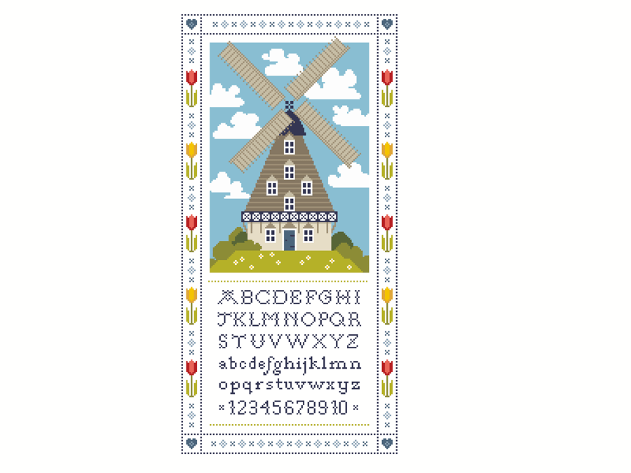 236A - Dutch Windmill Cross Stitch Pattern: Tulip Border Alphabet Sampler (PDF)