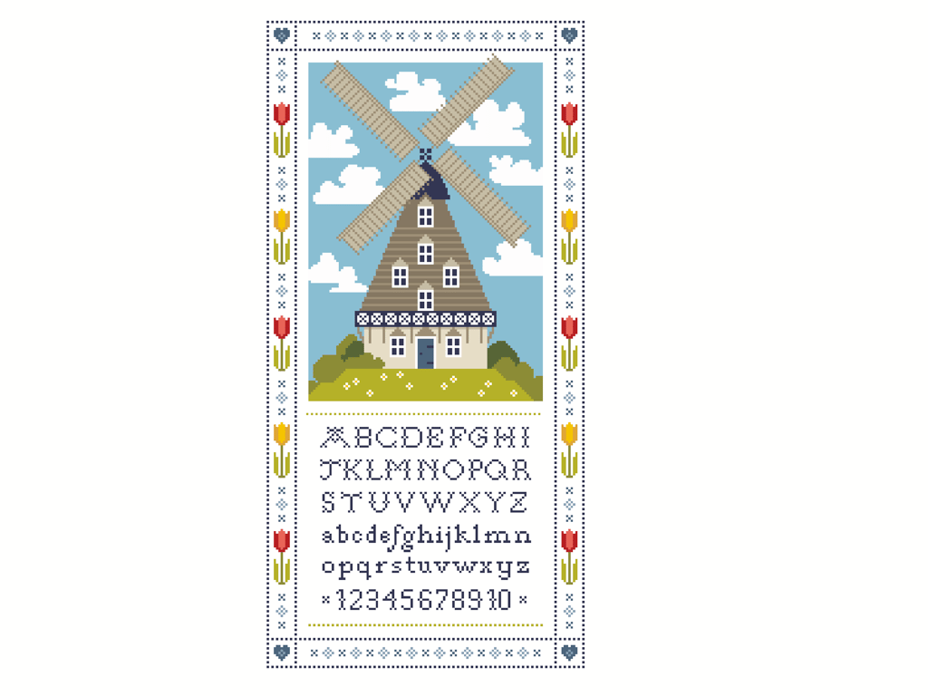 236A - Dutch Windmill Cross Stitch Pattern: Tulip Border Alphabet Sampler (PDF)