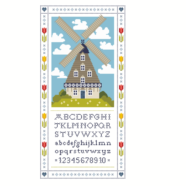 236A - Dutch Windmill Cross Stitch Pattern: Tulip Border Alphabet Sampler (PDF)