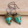 Teal Lampwork Glass Acorn Bead and Copper Earrings