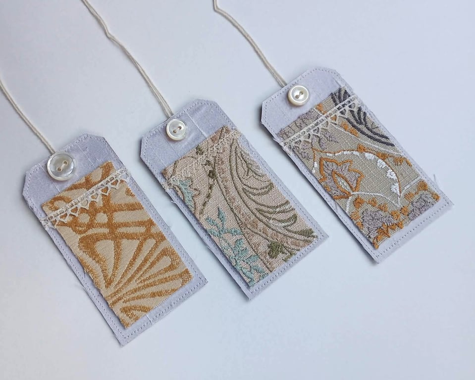 3 Gift Tags - vintage silk and lace, with reclaimed curtain textiles, gold