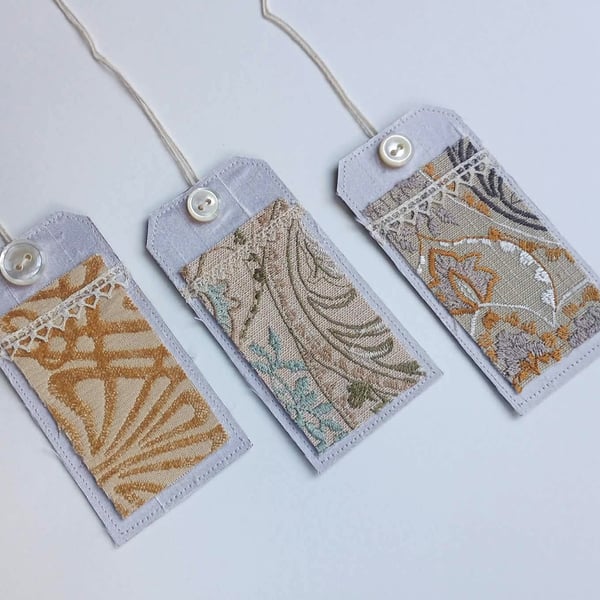 3 Gift Tags - vintage silk and lace, with reclaimed curtain textiles, gold
