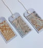 3 Gift Tags - vintage silk and lace, with reclaimed curtain textiles, gold